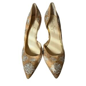 Jessica Simpson Pumps Cork Floral Embroidered 10M Tan Womens D'Orsay Heels